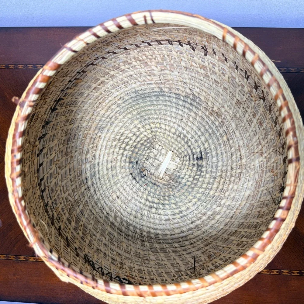 Vintage Handwoven Coil Basket Large Tan Brown Boho Decor Folk Art Size 11in Wide